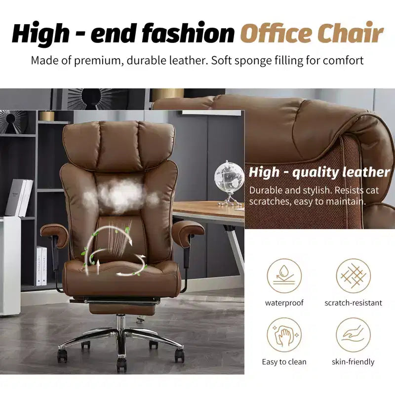Silla de oficina ergonómica Efomao 450LBS con reposapiés, silla ejecutiva de cuero PU de respaldo alto con soporte lumbar y reposabrazos ajustables