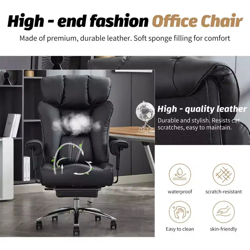 Silla de oficina ergonómica Efomao 450LBS con reposapiés, silla ejecutiva de cuero PU de respaldo alto con soporte lumbar y reposabrazos ajustables