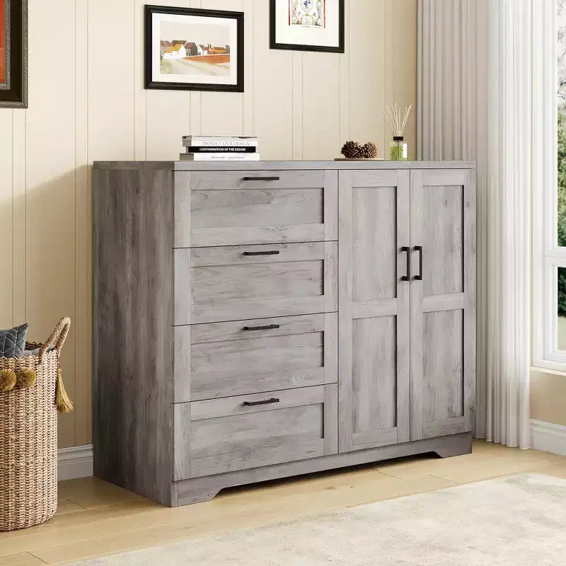 Cómoda de madera de 43,3 pulgadas de alto con armario de almacenamiento, ropero con 4 cajones y 2 puertas