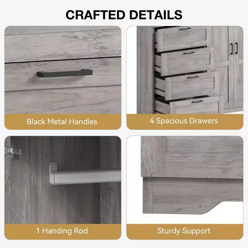 Cómoda de madera de 43,3 pulgadas de alto con armario de almacenamiento, ropero con 4 cajones y 2 puertas