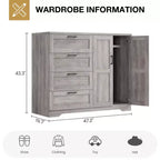 Cómoda de madera de 43,3 pulgadas de alto con armario de almacenamiento, ropero con 4 cajones y 2 puertas