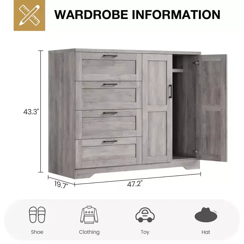 Cómoda de madera de 43,3 pulgadas de alto con armario de almacenamiento, ropero con 4 cajones y 2 puertas