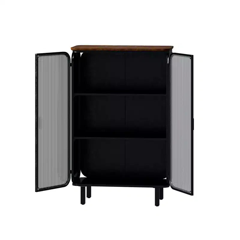 Moderno armario de dos puertas con puertas de cristal y tres niveles de almacenamiento, 72 cm de exclusiva tapa de abeto para entrada o casa, negro