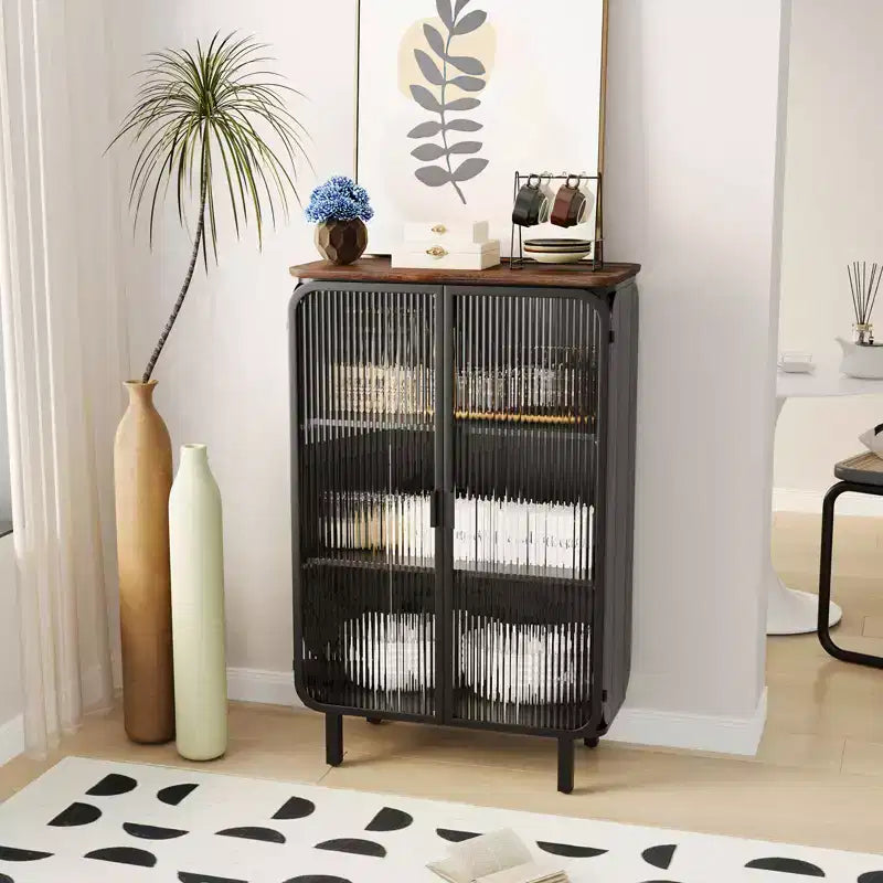 Moderno armario de dos puertas con puertas de cristal y tres niveles de almacenamiento, 72 cm de exclusiva tapa de abeto para entrada o casa, negro