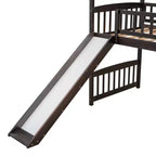 Cama alta doble con tobogán, estructura de cama alta tipo casita de madera con escalera y techo