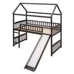 Cama alta doble con tobogán, estructura de cama alta tipo casita de madera con escalera y techo