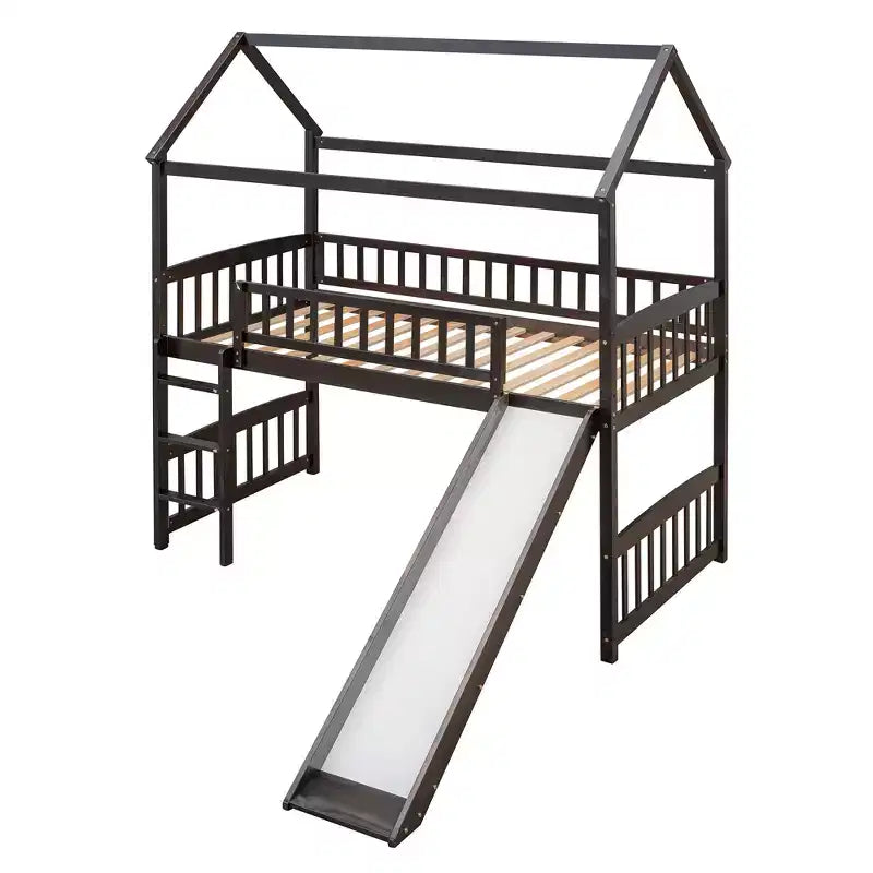 Cama alta doble con tobogán, estructura de cama alta tipo casita de madera con escalera y techo