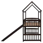 Cama alta doble con tobogán, estructura de cama alta tipo casita de madera con escalera y techo
