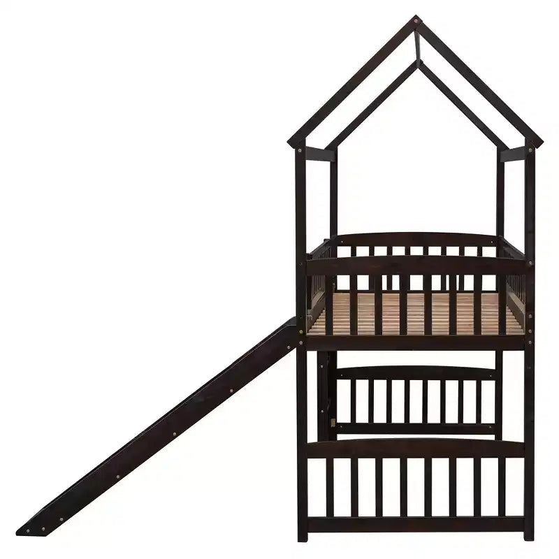 Cama alta doble con tobogán, estructura de cama alta tipo casita de madera con escalera y techo
