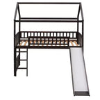 Cama alta doble con tobogán, estructura de cama alta tipo casita de madera con escalera y techo