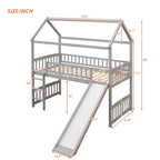 Cama alta doble con tobogán, estructura de cama alta tipo casita de madera con escalera y techo
