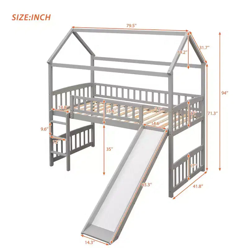 Cama alta doble con tobogán, estructura de cama alta tipo casita de madera con escalera y techo