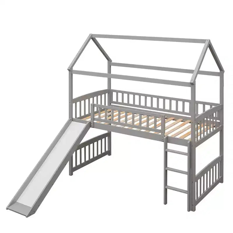 Cama alta doble con tobogán, estructura de cama alta tipo casita de madera con escalera y techo