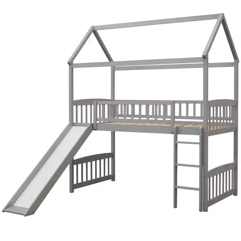 Cama alta doble con tobogán, estructura de cama alta tipo casita de madera con escalera y techo