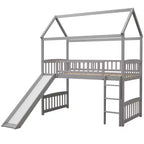 Cama alta doble con tobogán, estructura de cama alta tipo casita de madera con escalera y techo