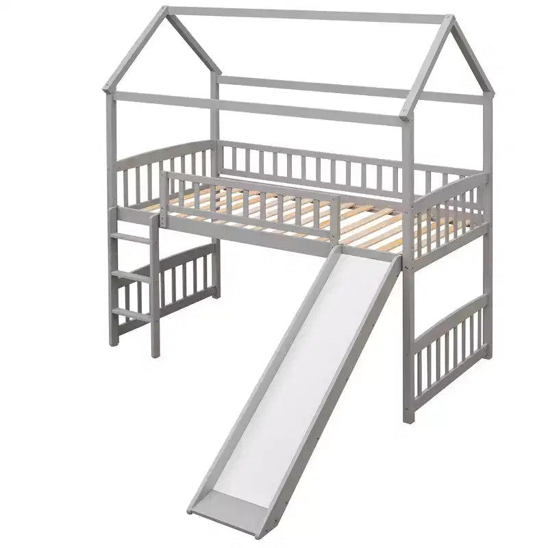 Cama alta doble con tobogán, estructura de cama alta tipo casita de madera con escalera y techo