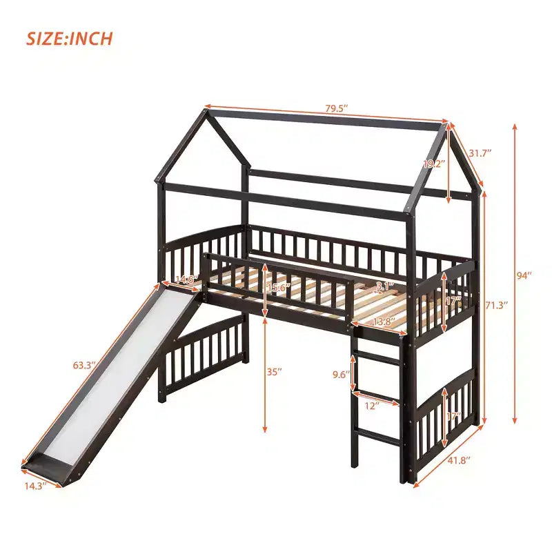 Cama alta doble con tobogán, estructura de cama alta tipo casita de madera con escalera y techo