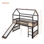 Cama alta doble con tobogán, estructura de cama alta tipo casita de madera con escalera y techo