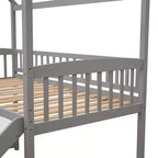 Cama alta doble con tobogán, estructura de cama alta tipo casita de madera con escalera y techo