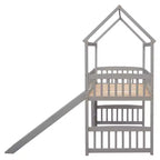 Cama alta doble con tobogán, estructura de cama alta tipo casita de madera con escalera y techo