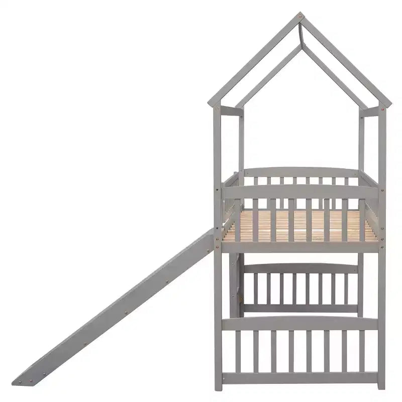Cama alta doble con tobogán, estructura de cama alta tipo casita de madera con escalera y techo