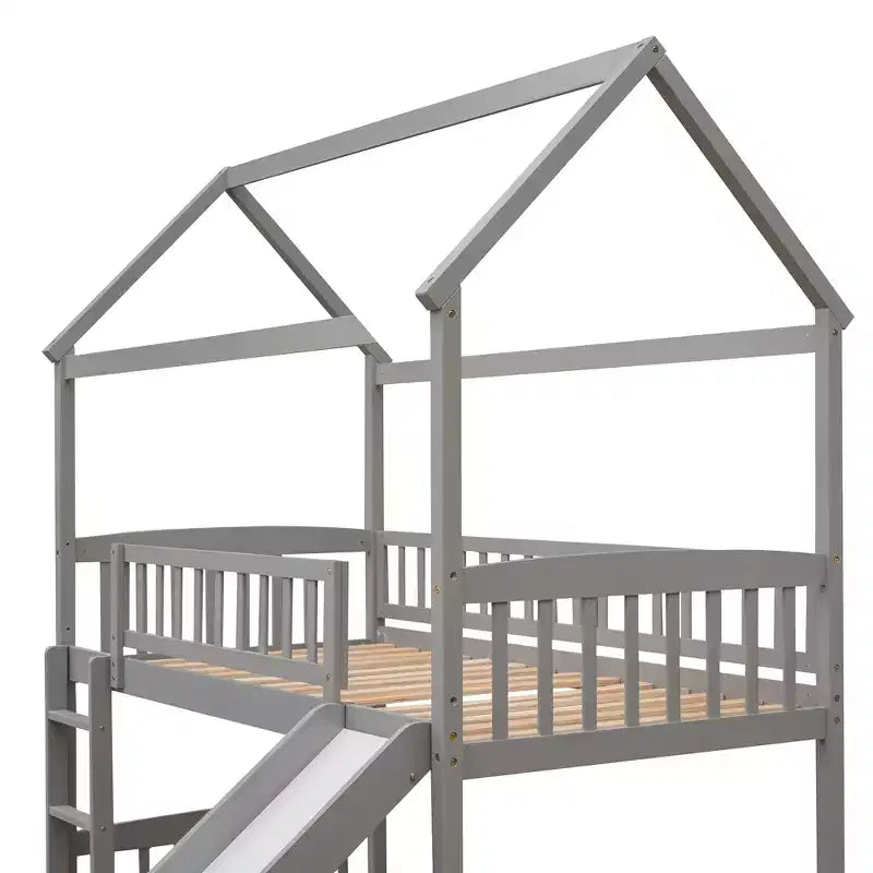 Cama alta doble con tobogán, estructura de cama alta tipo casita de madera con escalera y techo