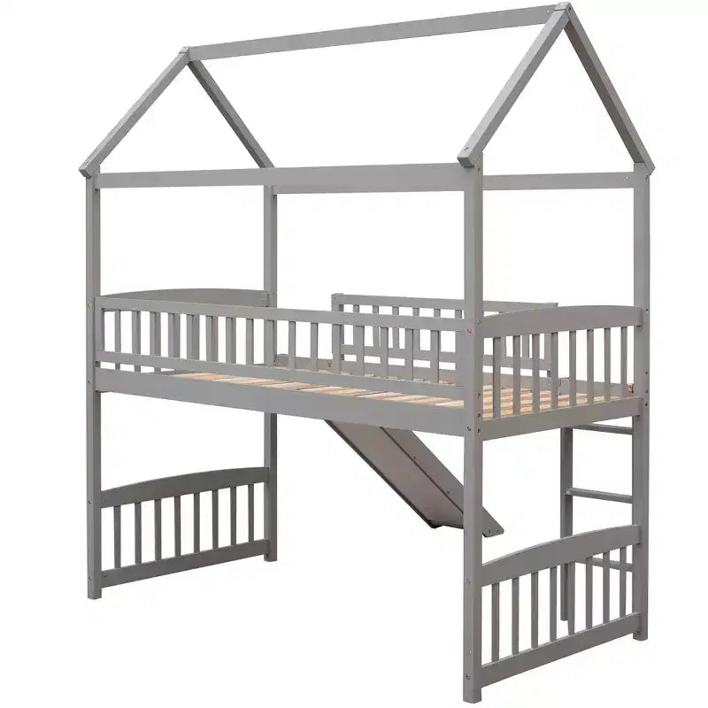 Cama alta doble con tobogán, estructura de cama alta tipo casita de madera con escalera y techo