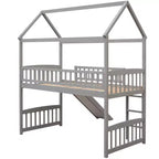 Cama alta doble con tobogán, estructura de cama alta tipo casita de madera con escalera y techo