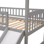 Cama alta doble con tobogán, estructura de cama alta tipo casita de madera con escalera y techo