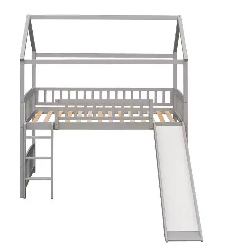 Cama alta doble con tobogán, estructura de cama alta tipo casita de madera con escalera y techo