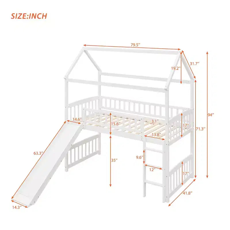 Cama alta doble con tobogán, estructura de cama alta tipo casita de madera con escalera y techo
