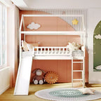 Cama alta doble con tobogán, estructura de cama alta tipo casita de madera con escalera y techo