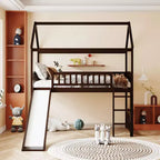 Cama alta doble con tobogán, estructura de cama alta tipo casita de madera con escalera y techo