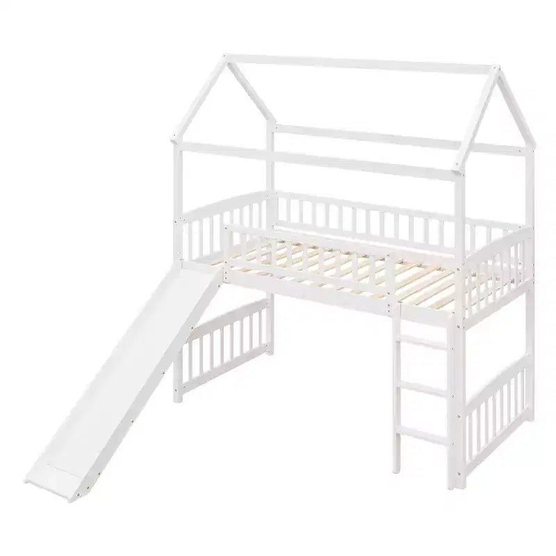 Cama alta doble con tobogán, estructura de cama alta tipo casita de madera con escalera y techo