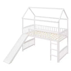 Cama alta doble con tobogán, estructura de cama alta tipo casita de madera con escalera y techo