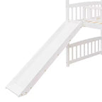 Cama alta doble con tobogán, estructura de cama alta tipo casita de madera con escalera y techo
