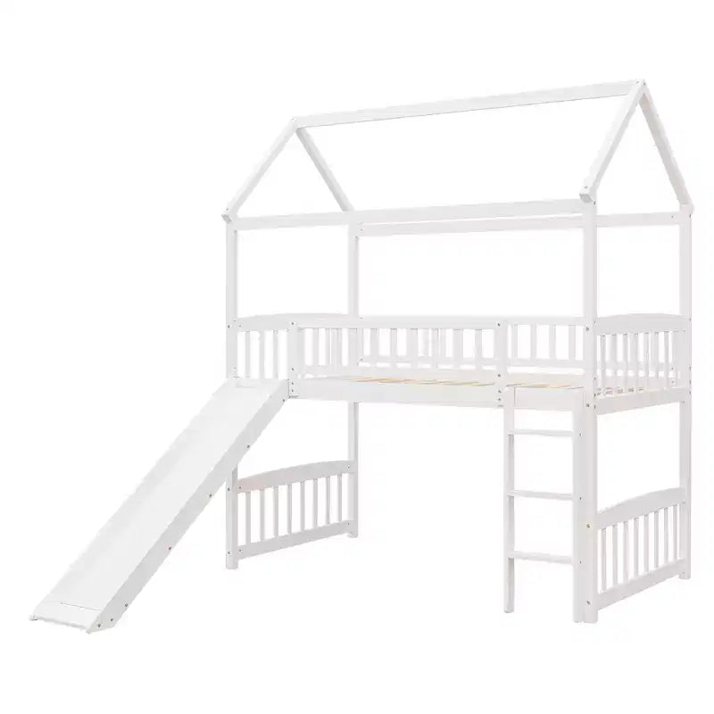 Cama alta doble con tobogán, estructura de cama alta tipo casita de madera con escalera y techo