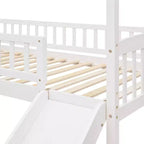 Cama alta doble con tobogán, estructura de cama alta tipo casita de madera con escalera y techo