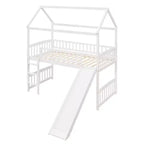 Cama alta doble con tobogán, estructura de cama alta tipo casita de madera con escalera y techo