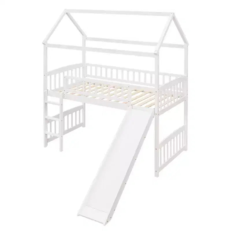 Cama alta doble con tobogán, estructura de cama alta tipo casita de madera con escalera y techo