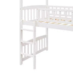 Cama alta doble con tobogán, estructura de cama alta tipo casita de madera con escalera y techo