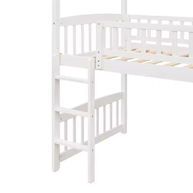 Cama alta doble con tobogán, estructura de cama alta tipo casita de madera con escalera y techo
