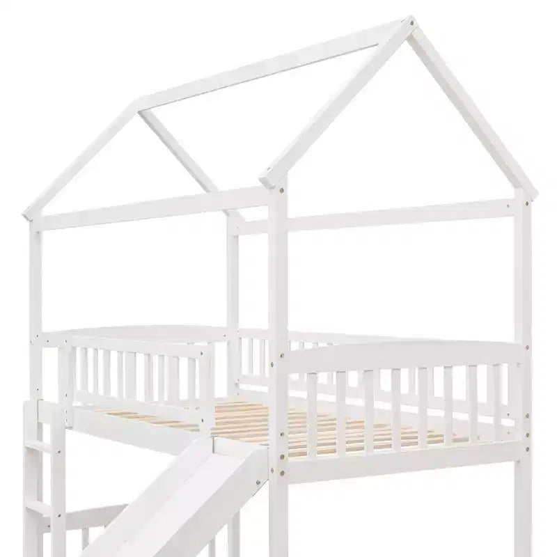 Cama alta doble con tobogán, estructura de cama alta tipo casita de madera con escalera y techo