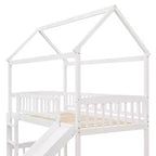 Cama alta doble con tobogán, estructura de cama alta tipo casita de madera con escalera y techo
