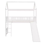 Cama alta doble con tobogán, estructura de cama alta tipo casita de madera con escalera y techo