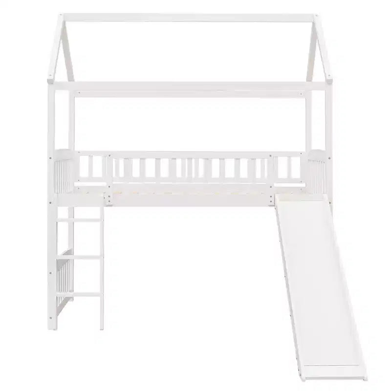 Cama alta doble con tobogán, estructura de cama alta tipo casita de madera con escalera y techo