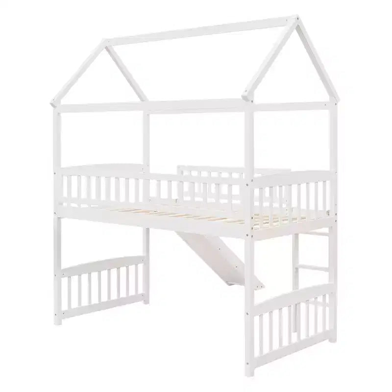 Cama alta doble con tobogán, estructura de cama alta tipo casita de madera con escalera y techo