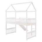 Cama alta doble con tobogán, estructura de cama alta tipo casita de madera con escalera y techo