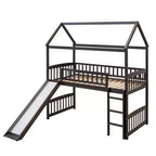 Cama alta doble con tobogán, estructura de cama alta tipo casita de madera con escalera y techo