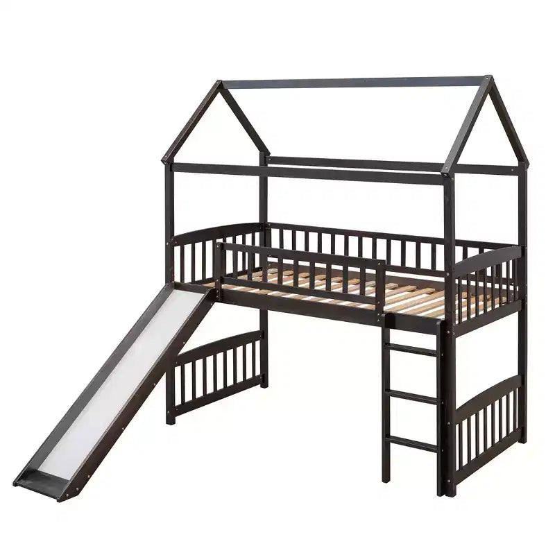 Cama alta doble con tobogán, estructura de cama alta tipo casita de madera con escalera y techo
